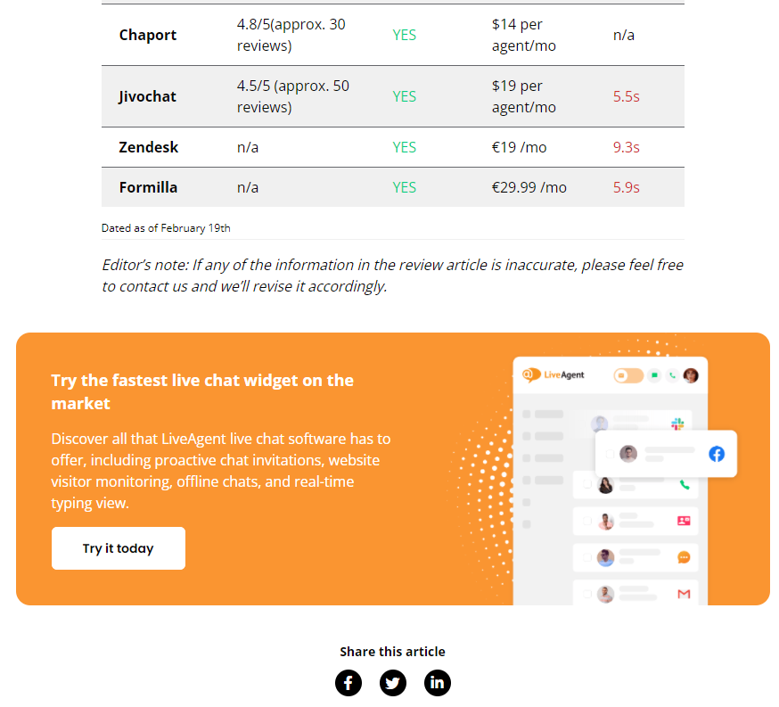 LiveAgentov CTA za konec vsebine