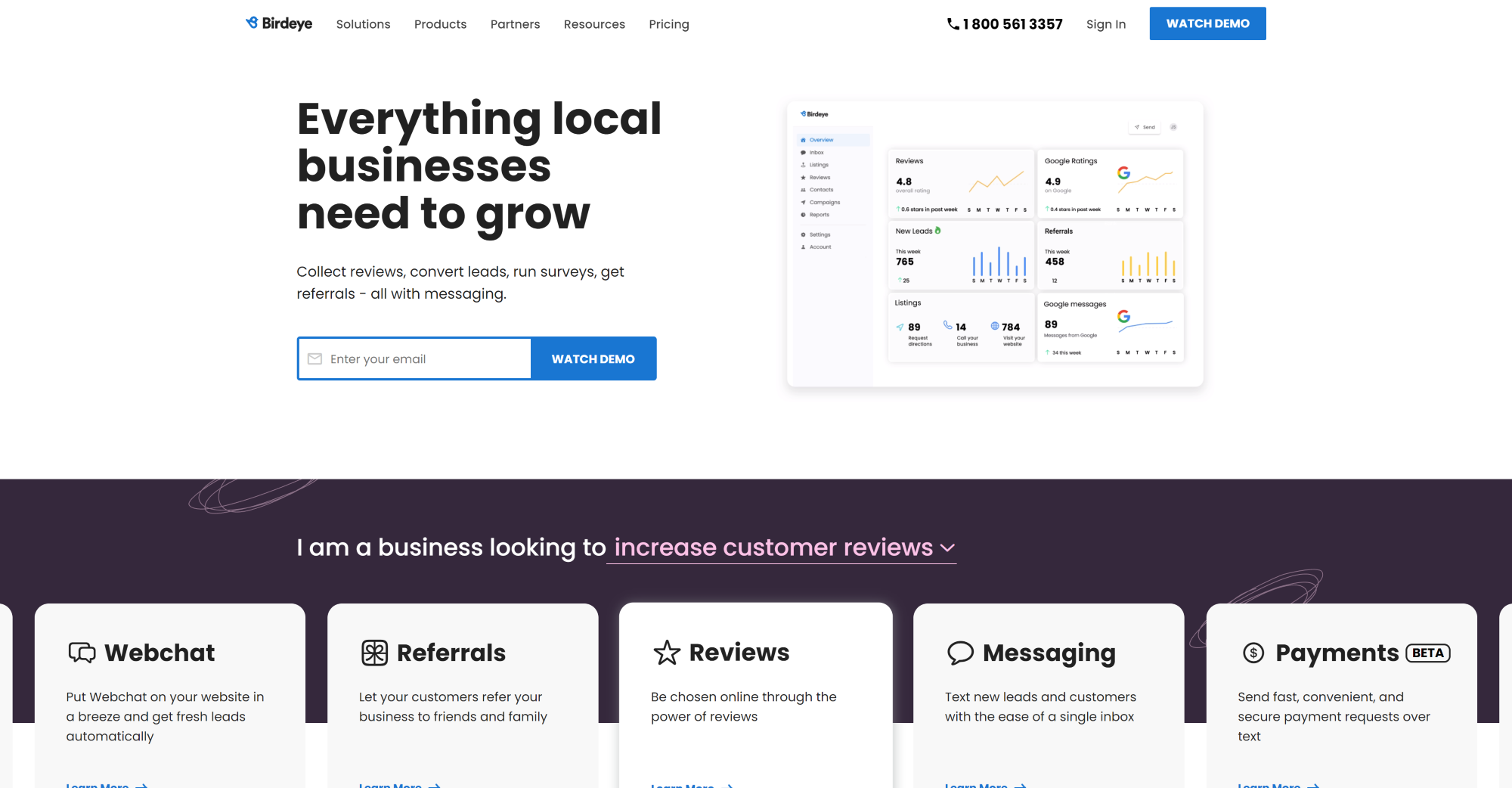 Domača stran programske opreme Birdeye Live Chat