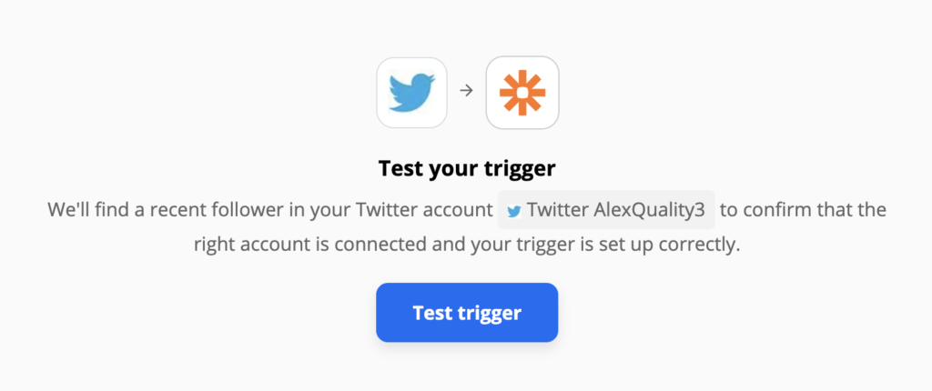 Twitter sprožilni test v nastavitvah integracije na Zapierju