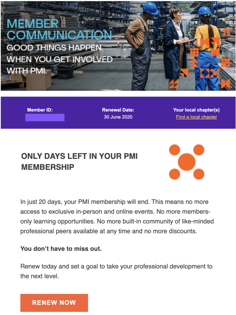 Predloga za obnovitveni e-mail PMI