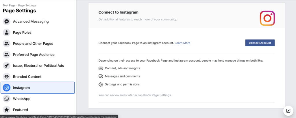Nastavitve Instagrama na Facebooku, ki povezujejo stran Instagram s stranjo Facebook