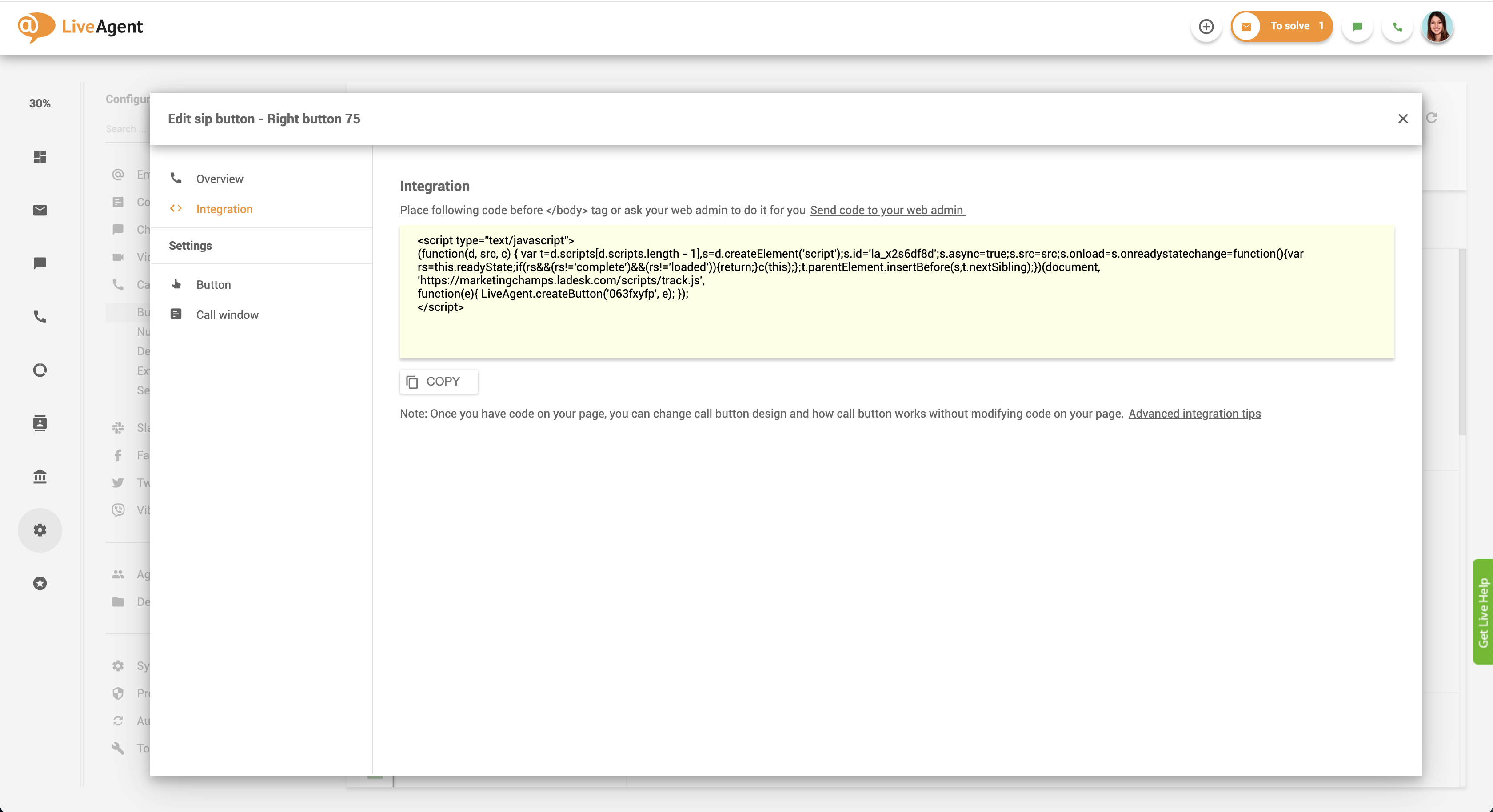 integracijska koda gumba za klic