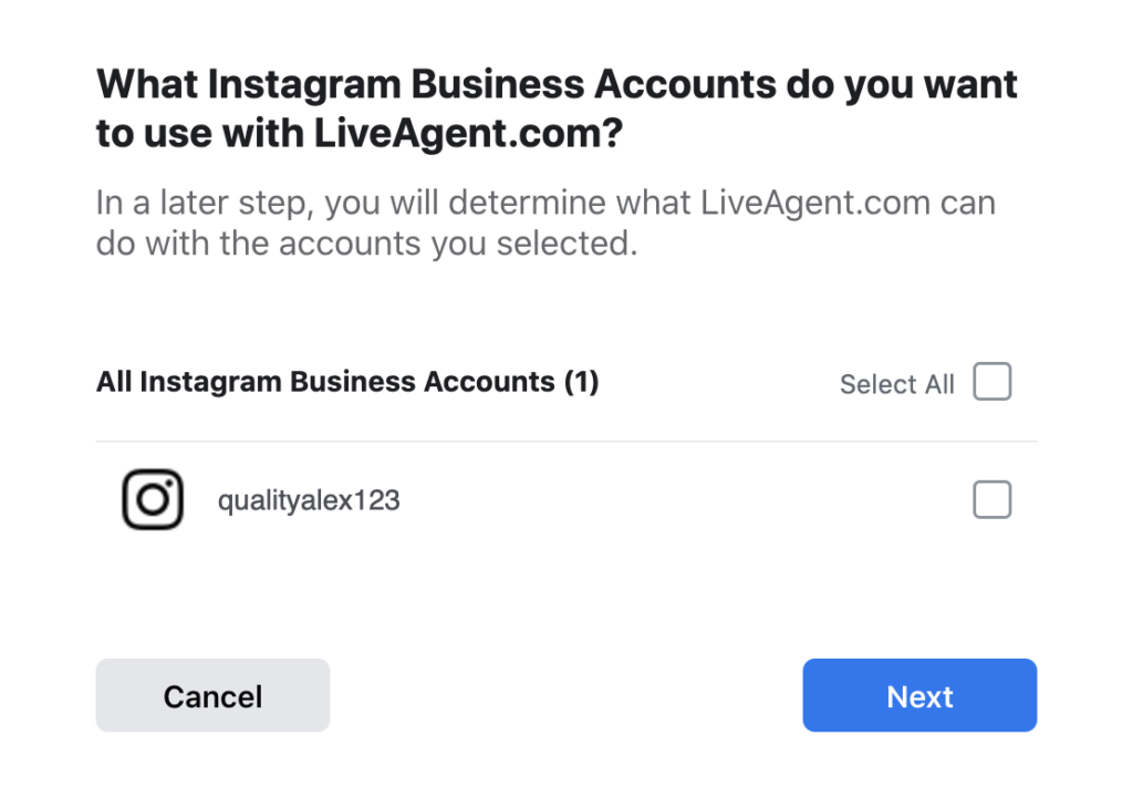 Izberite račune Instagram, ki jih želite vključiti v integracijo
