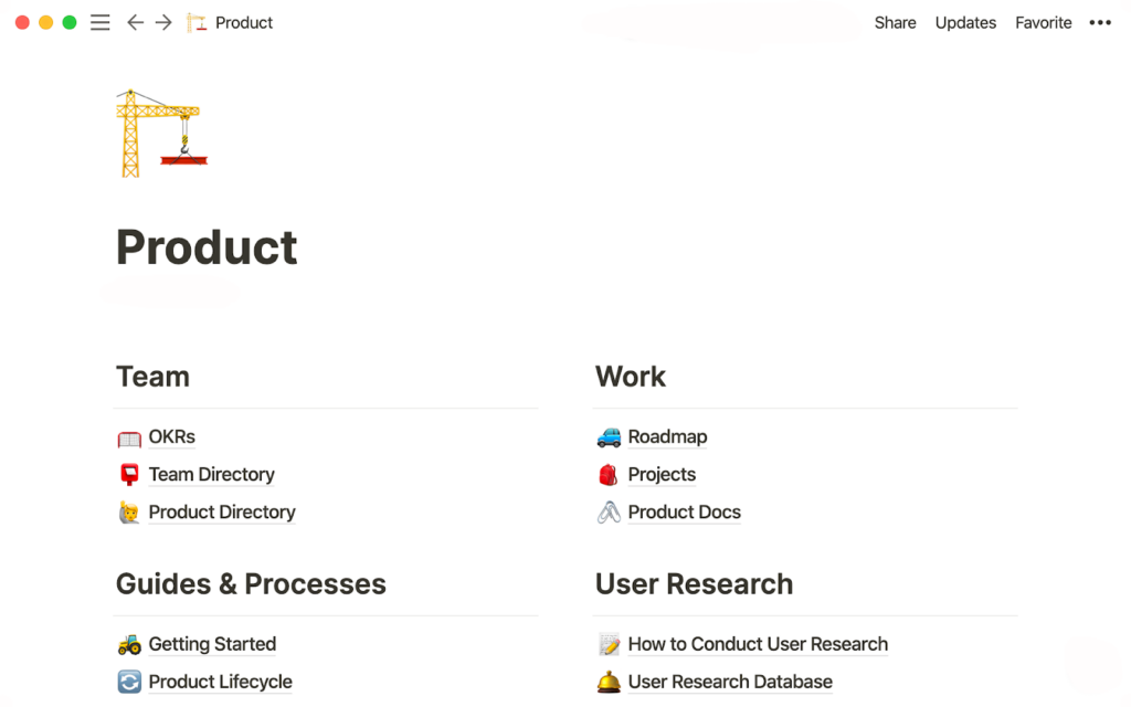 Ilustracija baze znanja, ustvarjene z uporabo Notion