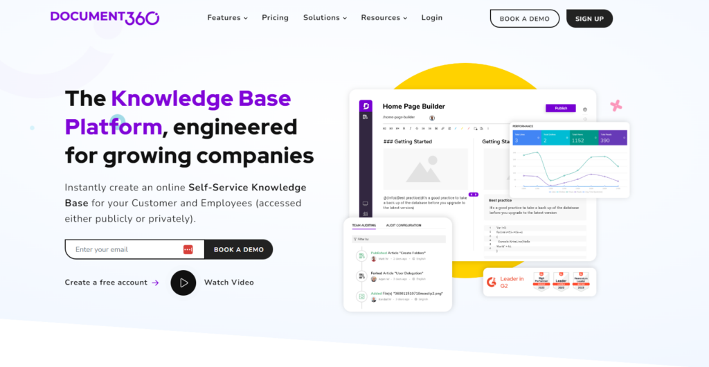 Posnetek domače strani Document360 s poudarkom na ključnih funkcijah