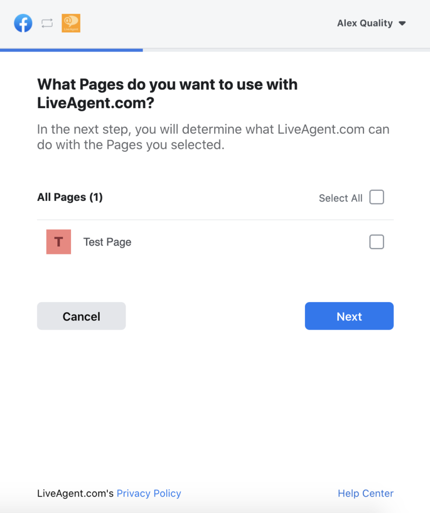 Izbira Facebook strani v konfiguraciji LiveAgent