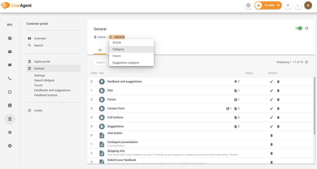 Primer ustvarjanja kategorije za portal za stranke v sistemu baze znanja LiveAgent