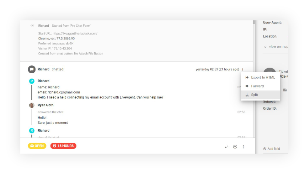 Split tickets feature by LiveAgent