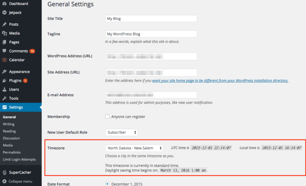 WP timezone settings