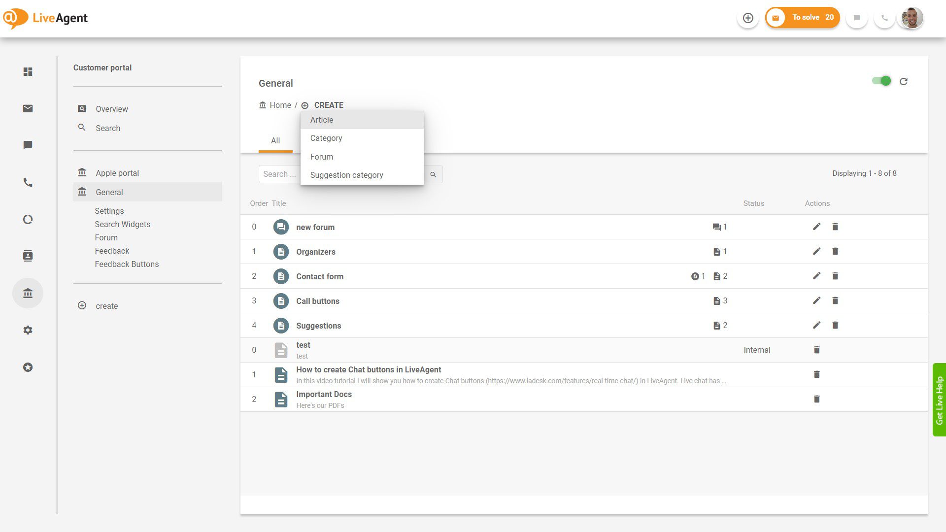 Pregled vstopnic LiveAgent znotraj aplikacije