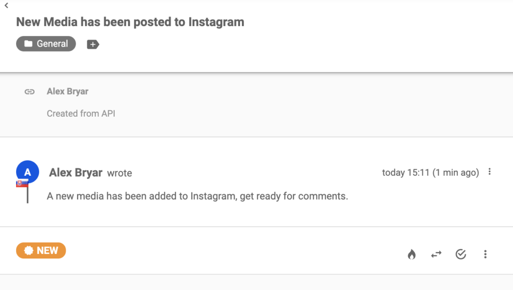 Instagram sporočilo o novi objavi v sistemu zahtevkov LiveAgent