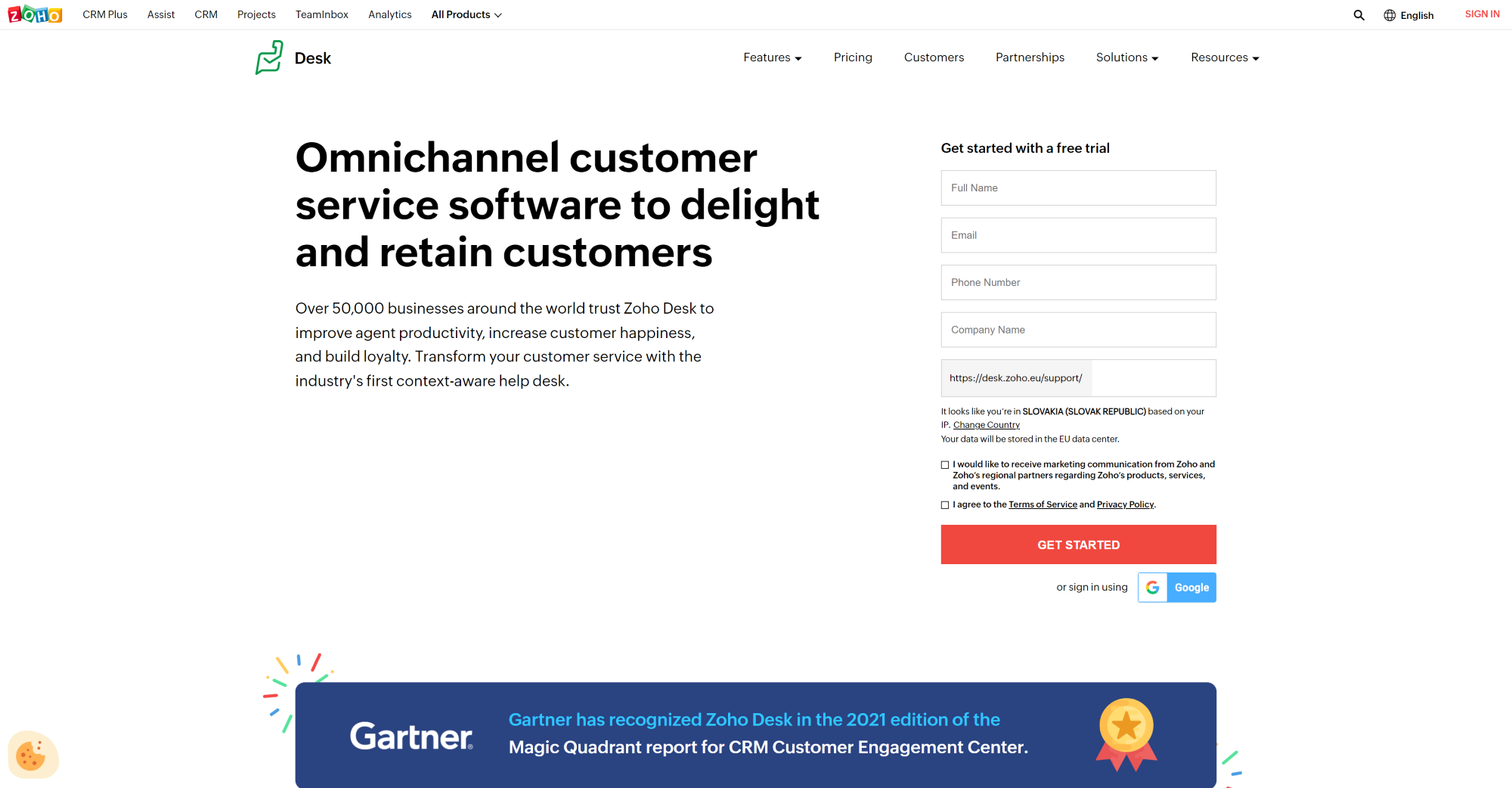 Domača stran programske opreme Zoho Desk Live Chat