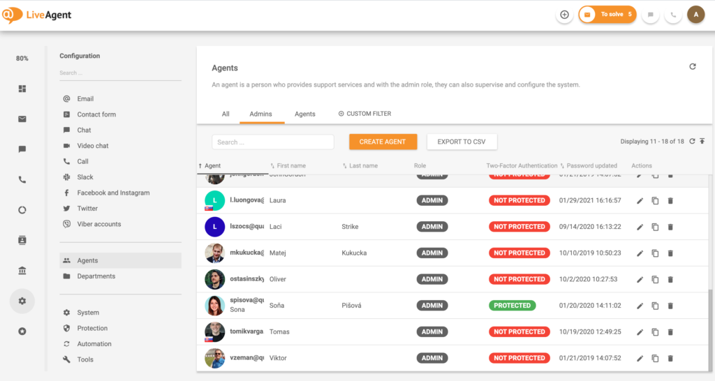 Customer representatives in LiveAgent - example