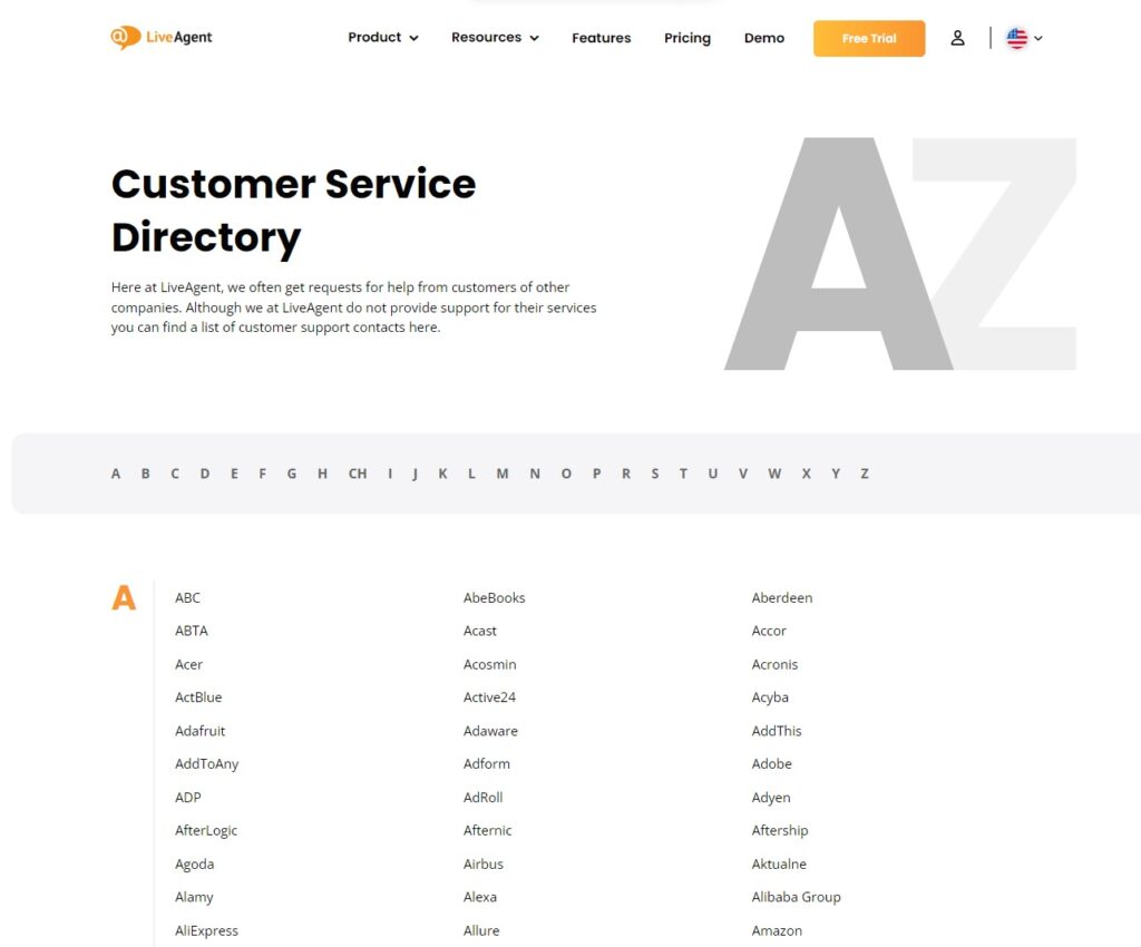 LiveAgent directory page
