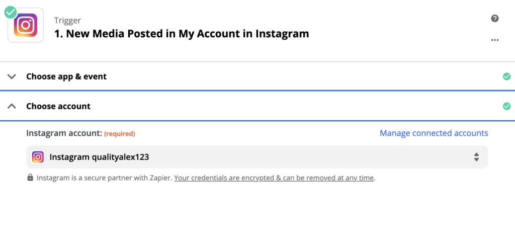 Nastavitev sprožilca Instagram v procesu integracije