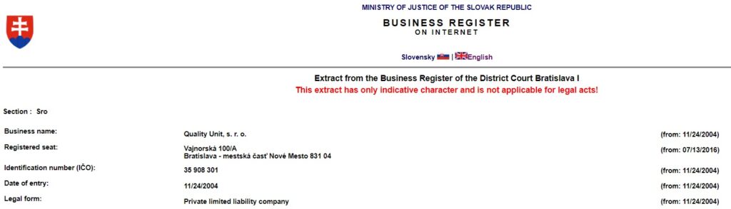 Quality Unit - Extract from the Business Register of the District Court Bratislava I