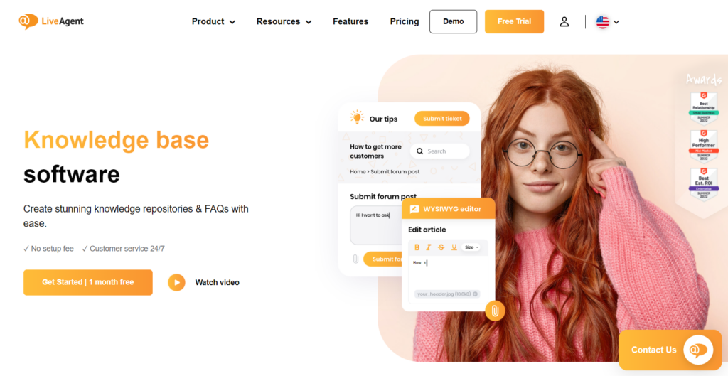 Privlačna domača stran LiveAgent, ki poudarja njegovo orodje za bazo znanja